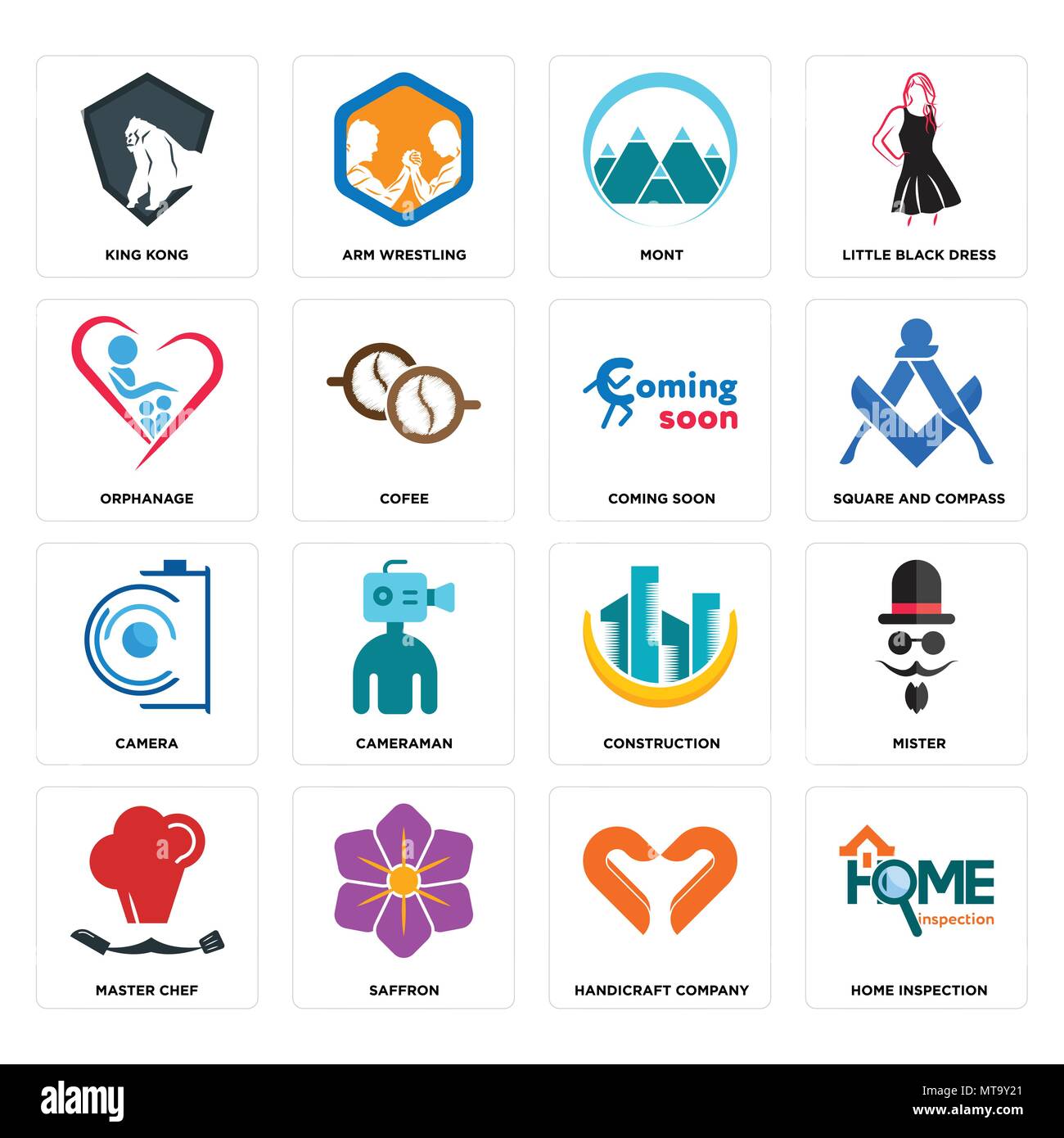 Set di 16 semplici icone modificabile come home ispezione, azienda artigianale, zafferano, master chef, mister, King Kong, orfanotrofio, fotocamera, presto c Illustrazione Vettoriale