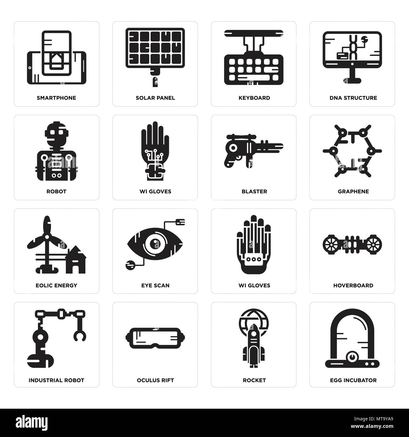 Set di 16 semplici icone modificabile come incubatrice per uova, rucola, occhio rift, robot industriale, hoverboard, Smartphone, Robot, energia eolica, Blaster possono Illustrazione Vettoriale