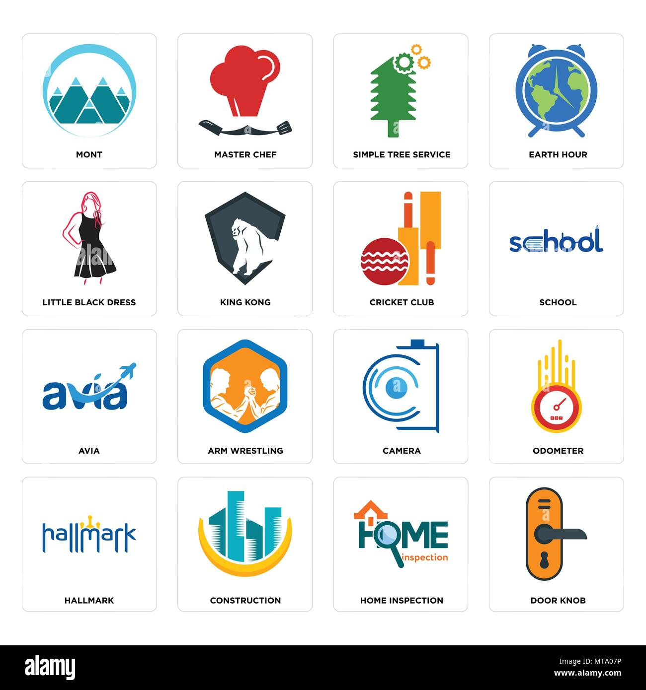 Set di 16 semplici icone modificabile come la manopola dello sportello di ispezione iniziale, costruzione, hallmark, contachilometri mont, little black dress, avia, cricket club può Illustrazione Vettoriale