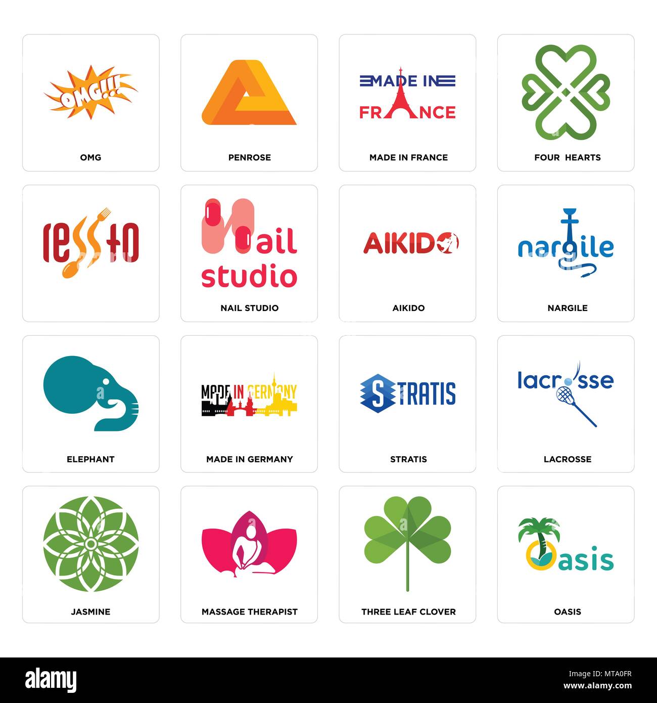 Set di 16 semplici icone modificabile come oasi, tre Leaf Clover, massaggio terapeuta, gelsomino, lacrosse, omg, , elefante, aikido possono essere utilizzati per la telefonia mobile Illustrazione Vettoriale