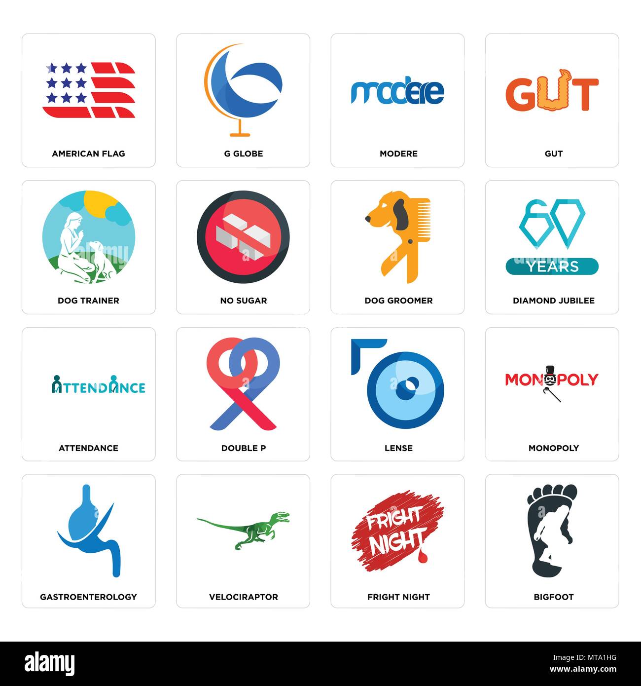 Set di 16 semplici icone modificabile come bigfoot, spavento notturno, velociraptor, Gastroenterology, monopolio, bandiera americana, cane trainer, presenze, sposo Illustrazione Vettoriale