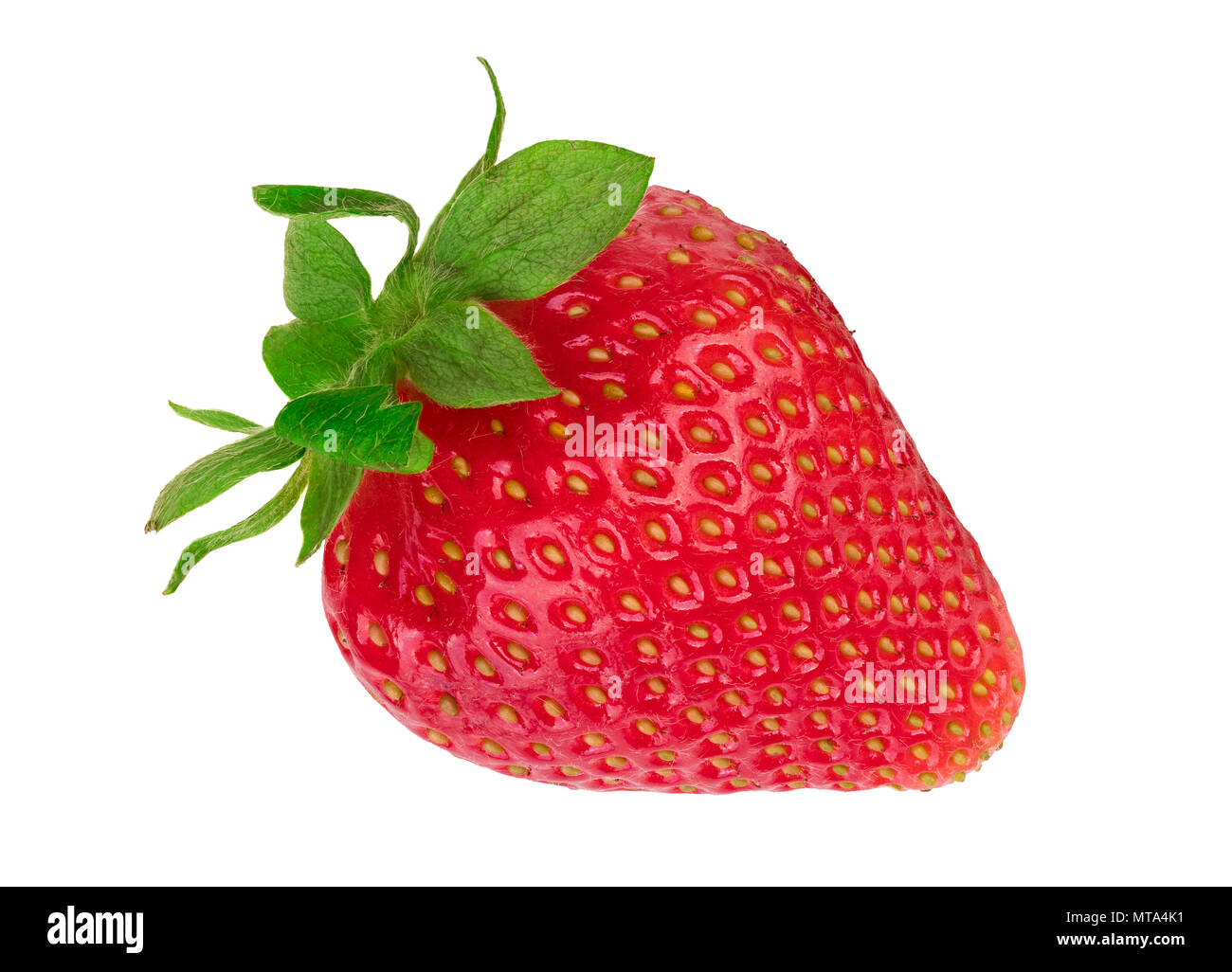 Una dolce fragola rossa con foglie verdi. Fragaria annanassa. Bella close-up di sano succoso e frutti di bosco. Isolato su sfondo bianco. Foto Stock