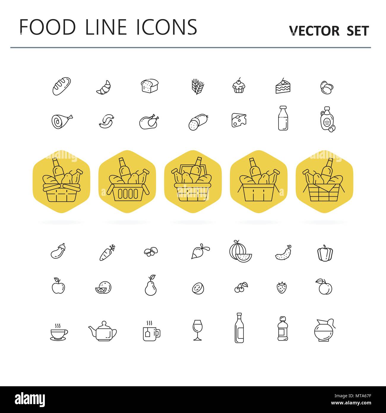 Set di cibo e bevande icone per il ristorante, supermercato, commerciale, mobile e web. Infografico raccolta logo e il pittogramma Illustrazione Vettoriale