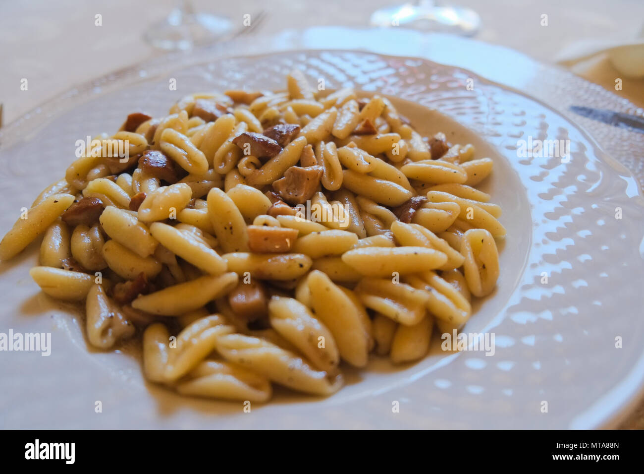 Tipo corto italiano di pasta con funghi. La cultura tradizionale piatto di Italia Foto Stock