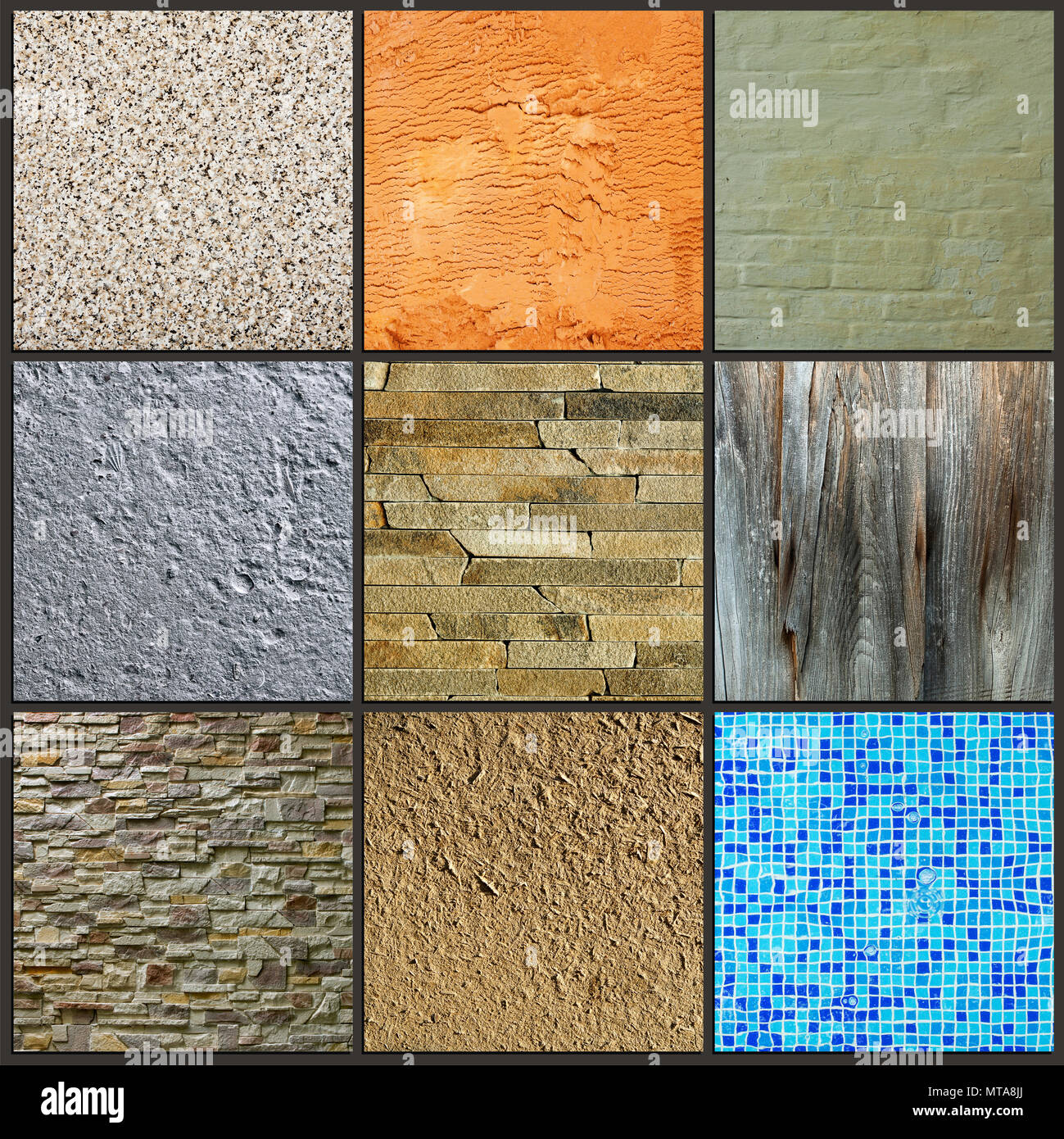 Imposta immagine di sfondo superficie a diversi mattoni, legno, pietra Foto Stock