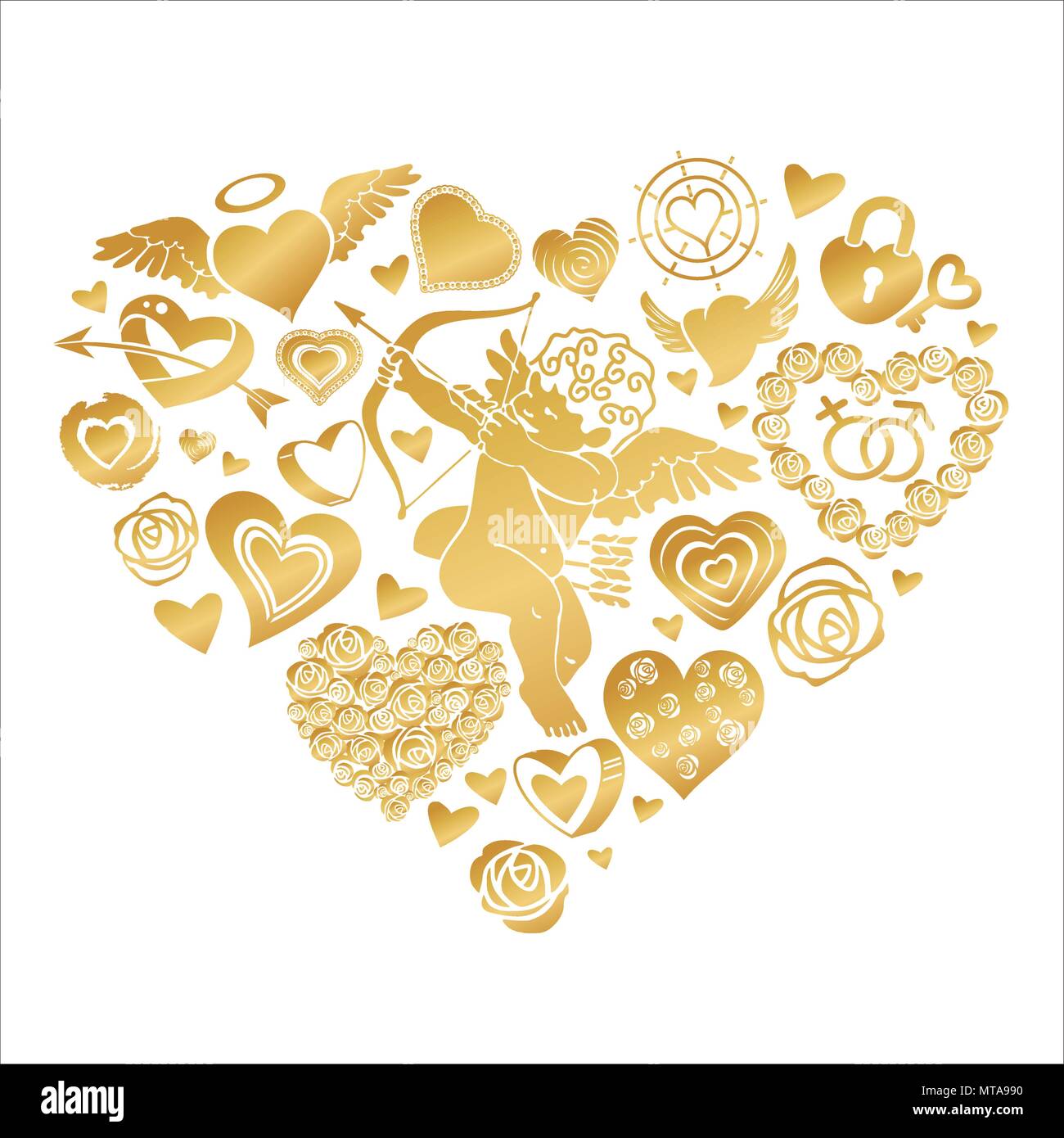 Biglietto di auguri per San Valentino con un grande cuore costituito da fiori, Cupido, cuoricini, serrature e chiavi. Vector clip-art illustrazione su wh Illustrazione Vettoriale