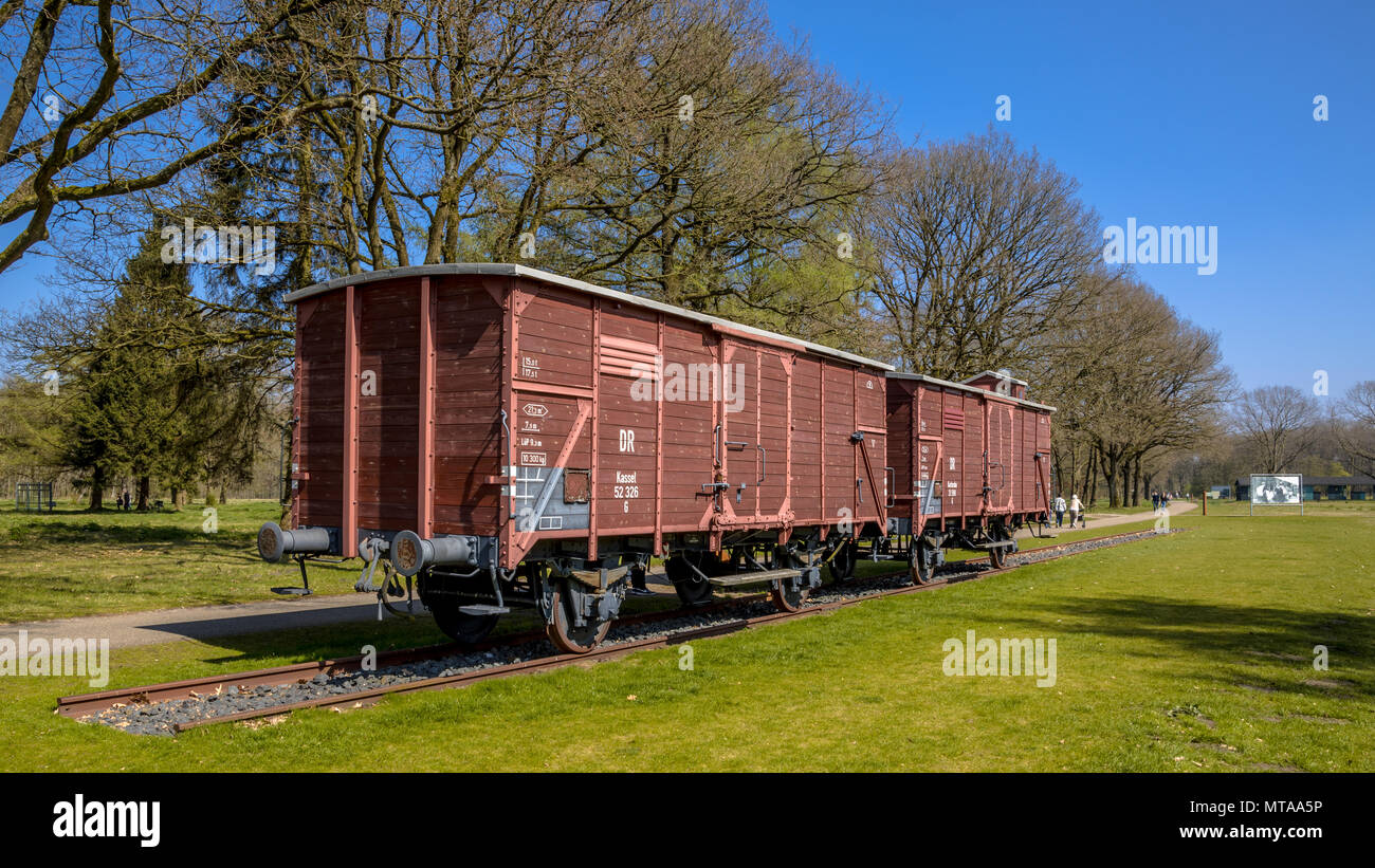 Di Westerbork, Paesi Bassi, 9 aprile 2017. Ex-nazista deportazione in treno in camp Westerbork, ora un memoriale e museo. Foto Stock