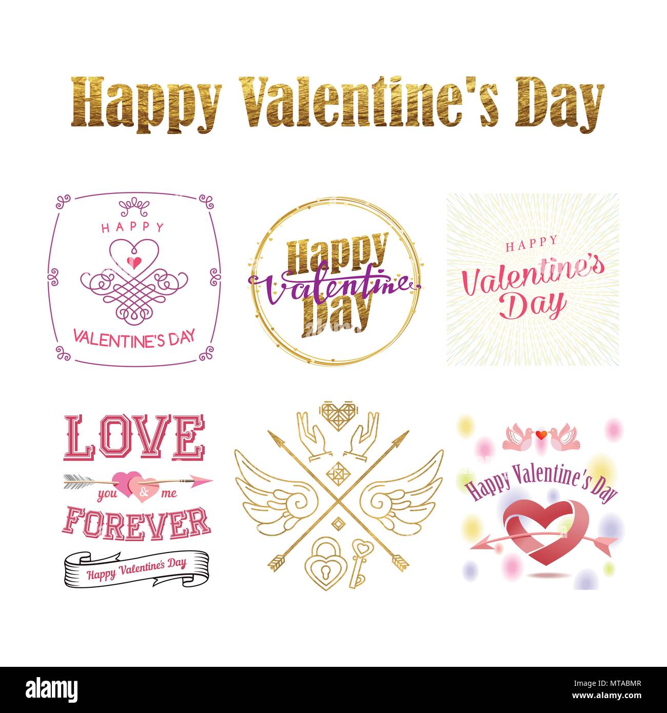 Il giorno di San Valentino - set di etichette, emblemi e altri elementi decorativi per il biglietto di auguri, banner web, badge, annuncio e materiali stampati Illustrazione Vettoriale