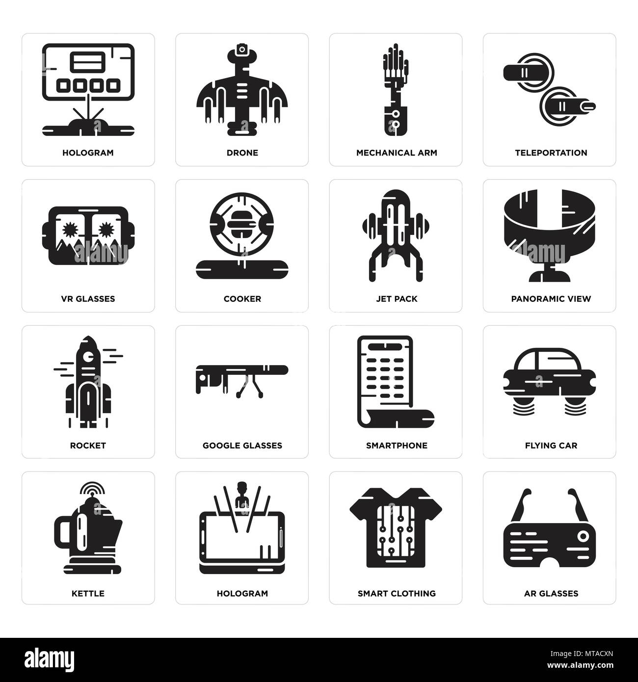 Set di 16 semplici icone modificabile come Ar occhiali, Smart abbigliamento, ologramma, bollitore, battenti auto, Vr Rocket, Jet pack può essere utilizzato per il mobile, l'interfaccia utente web Illustrazione Vettoriale