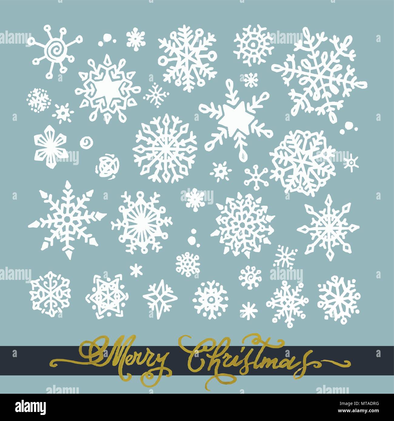 Set di bianco disegnati a mano i fiocchi di neve su sfondo verde Illustrazione Vettoriale