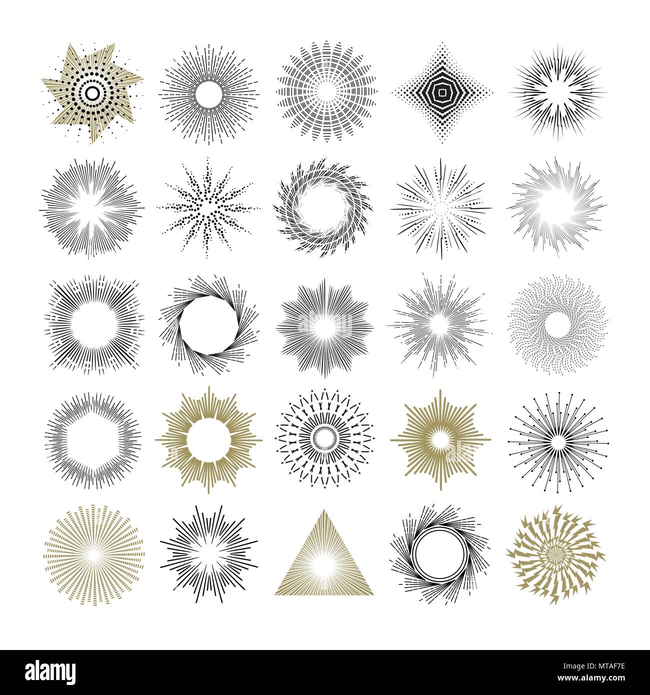 Raggi e starburst elementi di design. Collezione di vintage sunburst elementi di stile e le icone di etichette e adesivi. Disegnato a mano le forme di sole Illustrazione Vettoriale