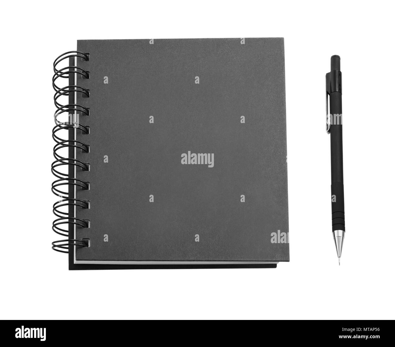 Notebook nero e matita isolati su sfondo bianco, identity design, modelli aziendali, azienda stile, set di articoli di cancelleria Foto Stock