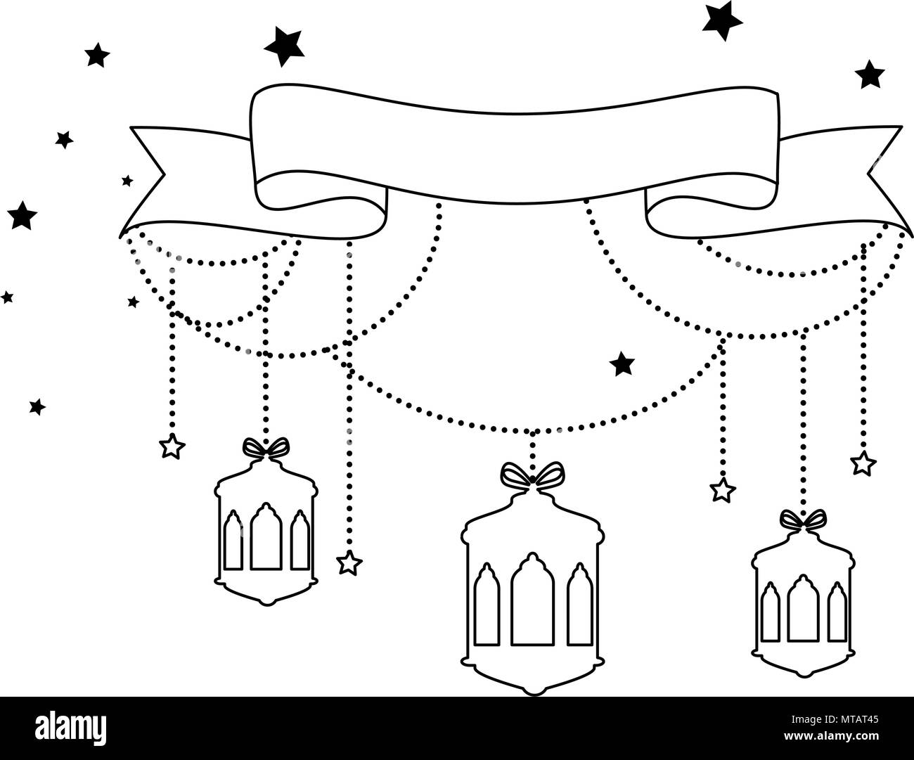 Lampade pendenti e decorazione a nastro ramadan kareem celebrazione Illustrazione Vettoriale