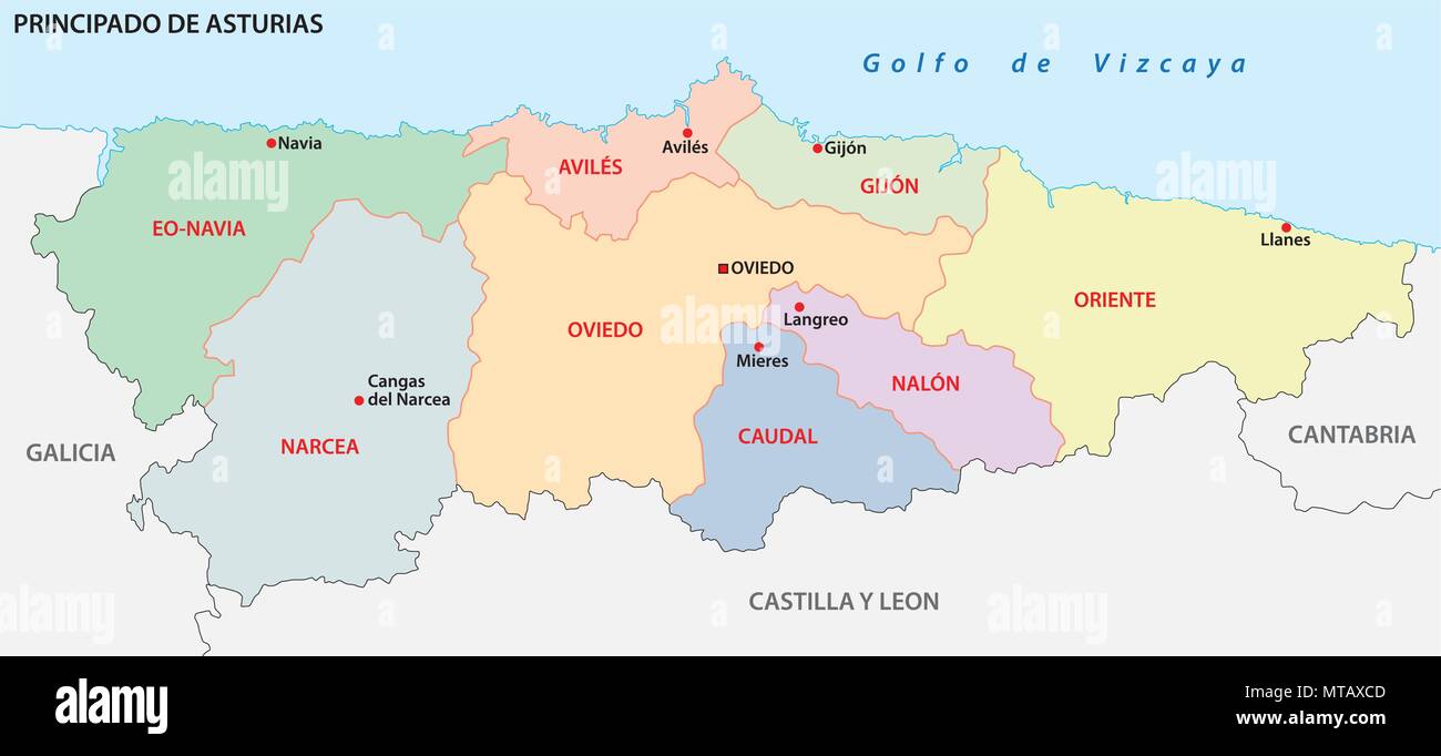 Asturias politica e amministrativa di mappa vettoriale Illustrazione Vettoriale