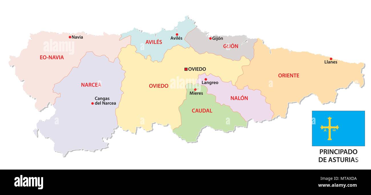 Asturias politica e amministrativa di mappa vettoriale con bandiera Illustrazione Vettoriale