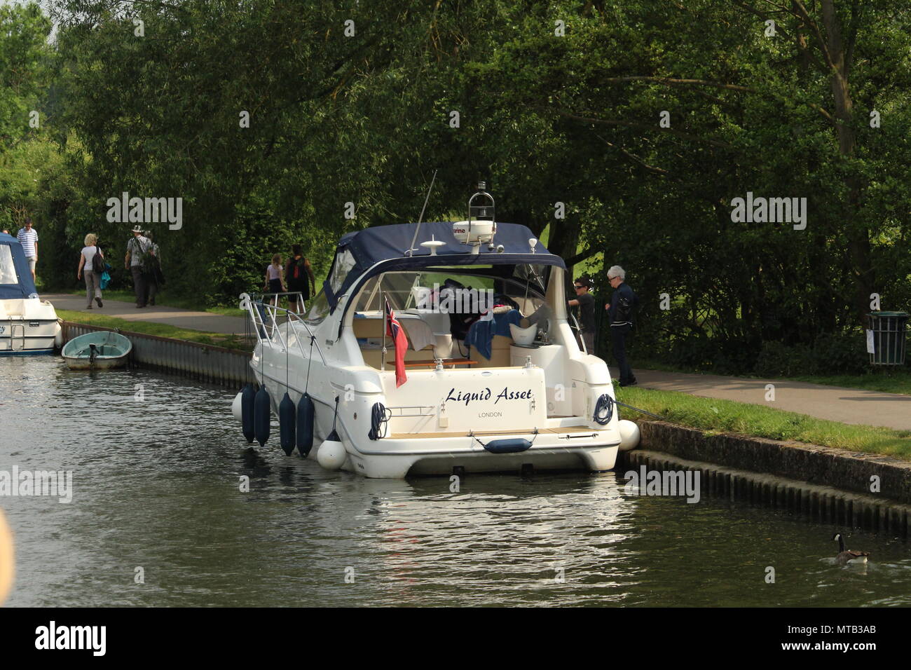 Motor Yacht crociera lungo le vie navigabili a Henley on Thames Oxfordshire. Copyspace Foto Stock