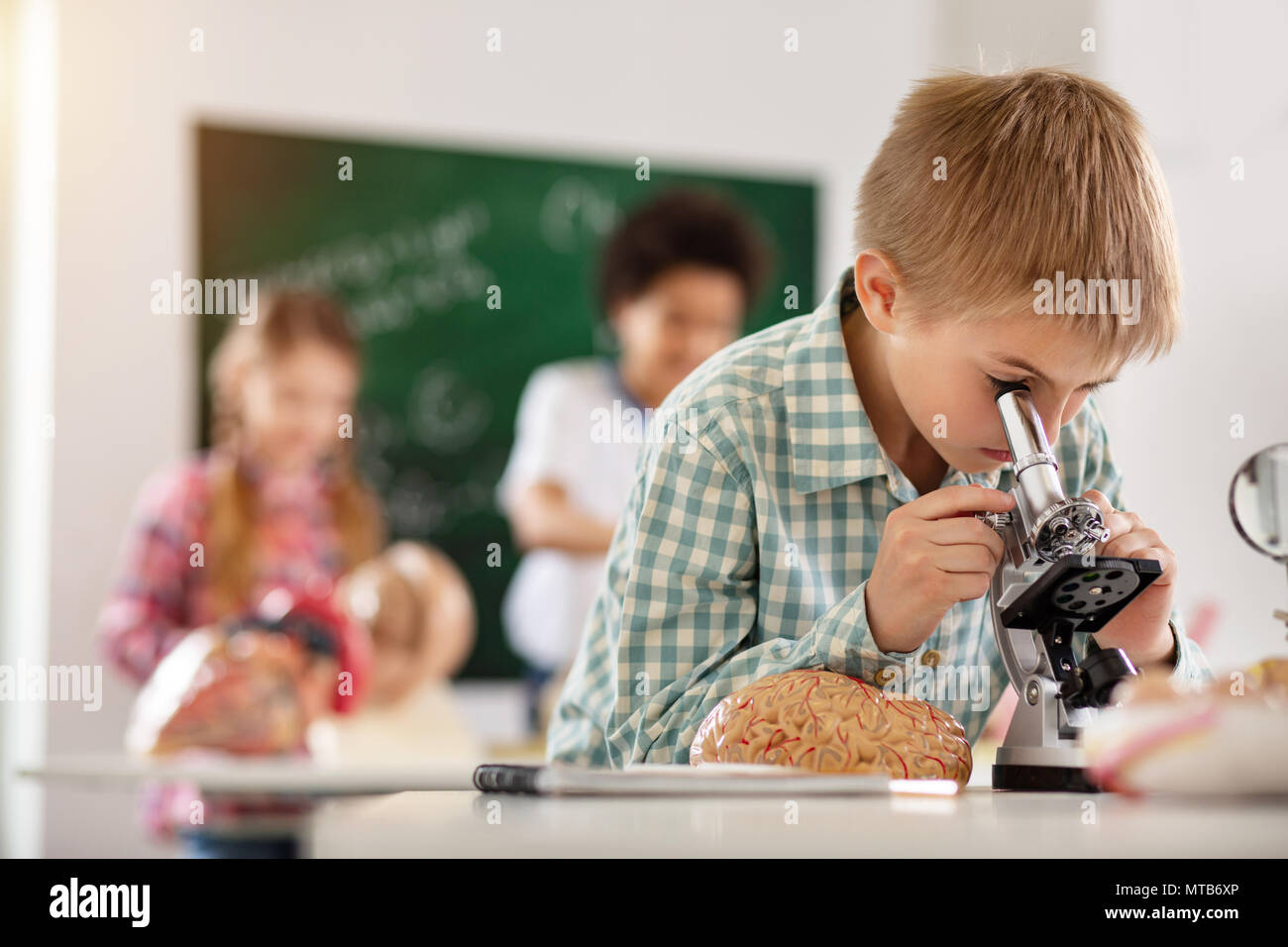 Bel ragazzo intelligente avente una classe di biologia Foto Stock