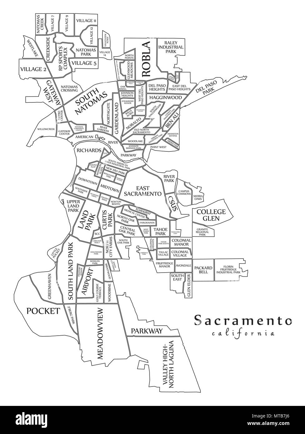 Città moderna mappa - Sacramento California città degli Stati Uniti con i quartieri e i titoli mappa di contorno Illustrazione Vettoriale