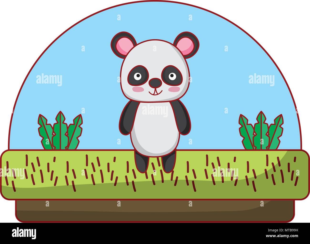 Panda graziosi animali in campagna e piante Illustrazione Vettoriale