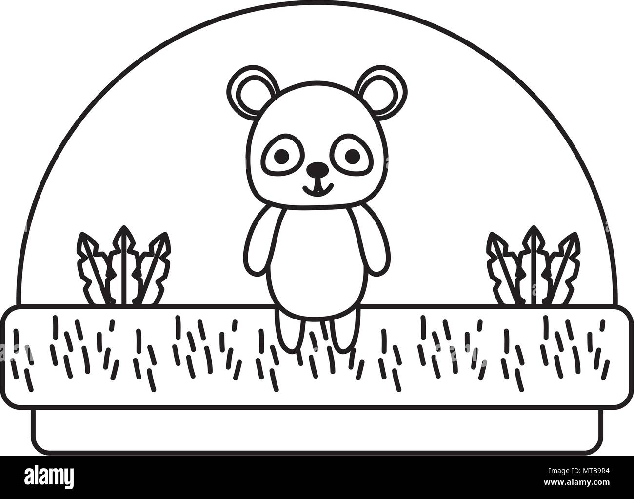 La linea panda graziosi animali in campagna e piante Illustrazione Vettoriale