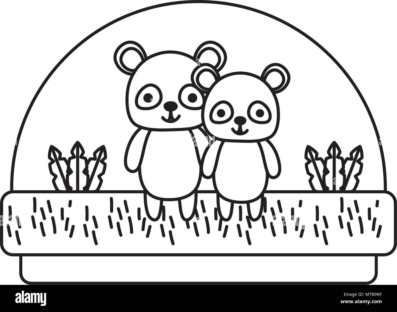 La linea giovane panda graziosi animali in campagna Illustrazione Vettoriale