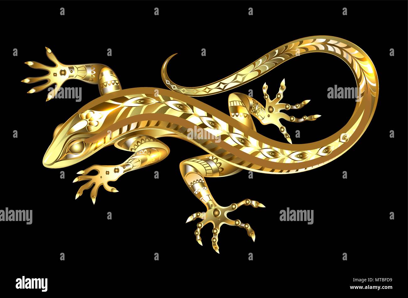 Gioielliere, Golden, shiny lizard su sfondo nero. Illustrazione Vettoriale