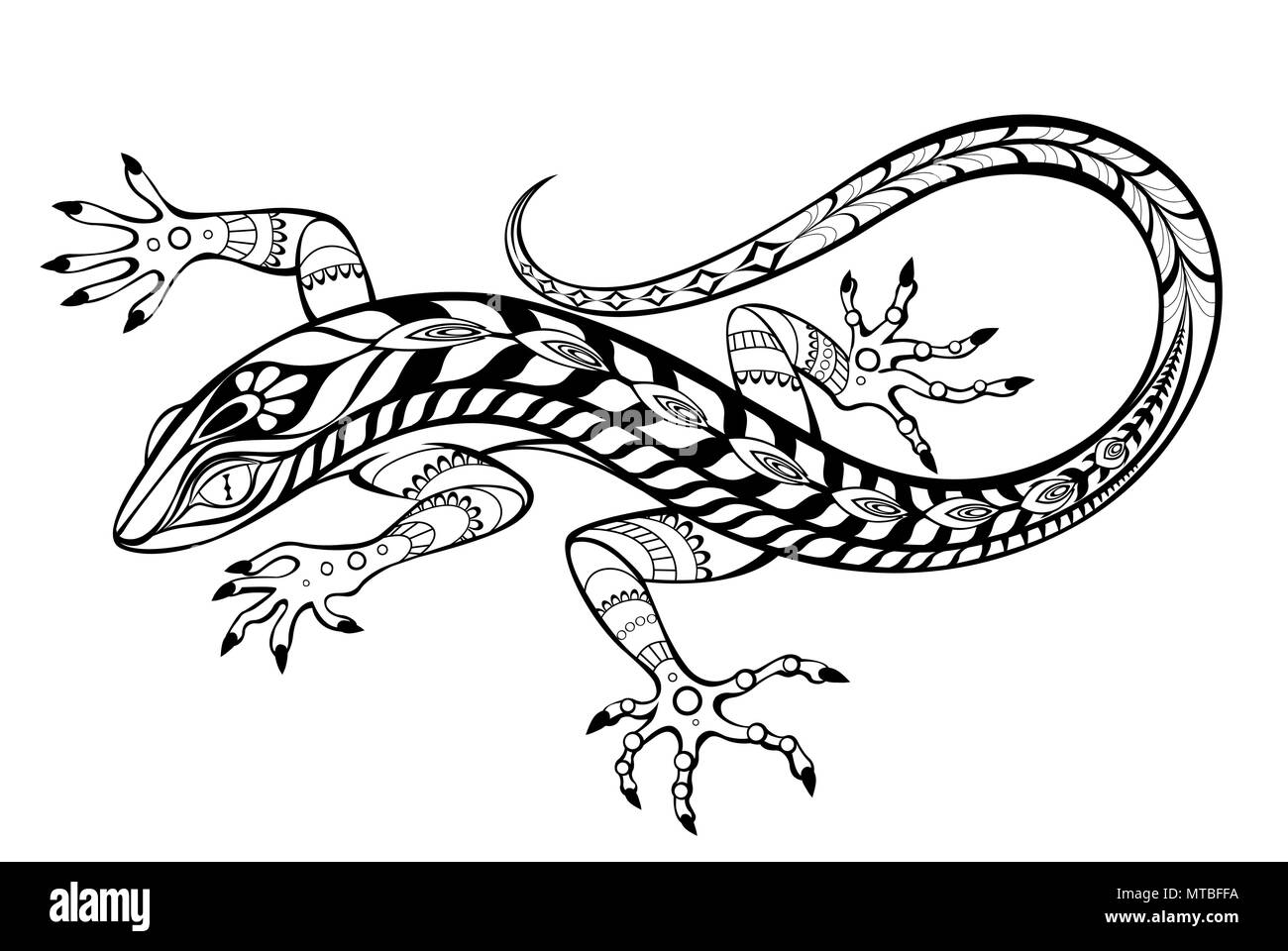 Un artisticamente disegnato, contorno, modellato lizard su sfondo bianco. Tatuaggi stile. Illustrazione Vettoriale