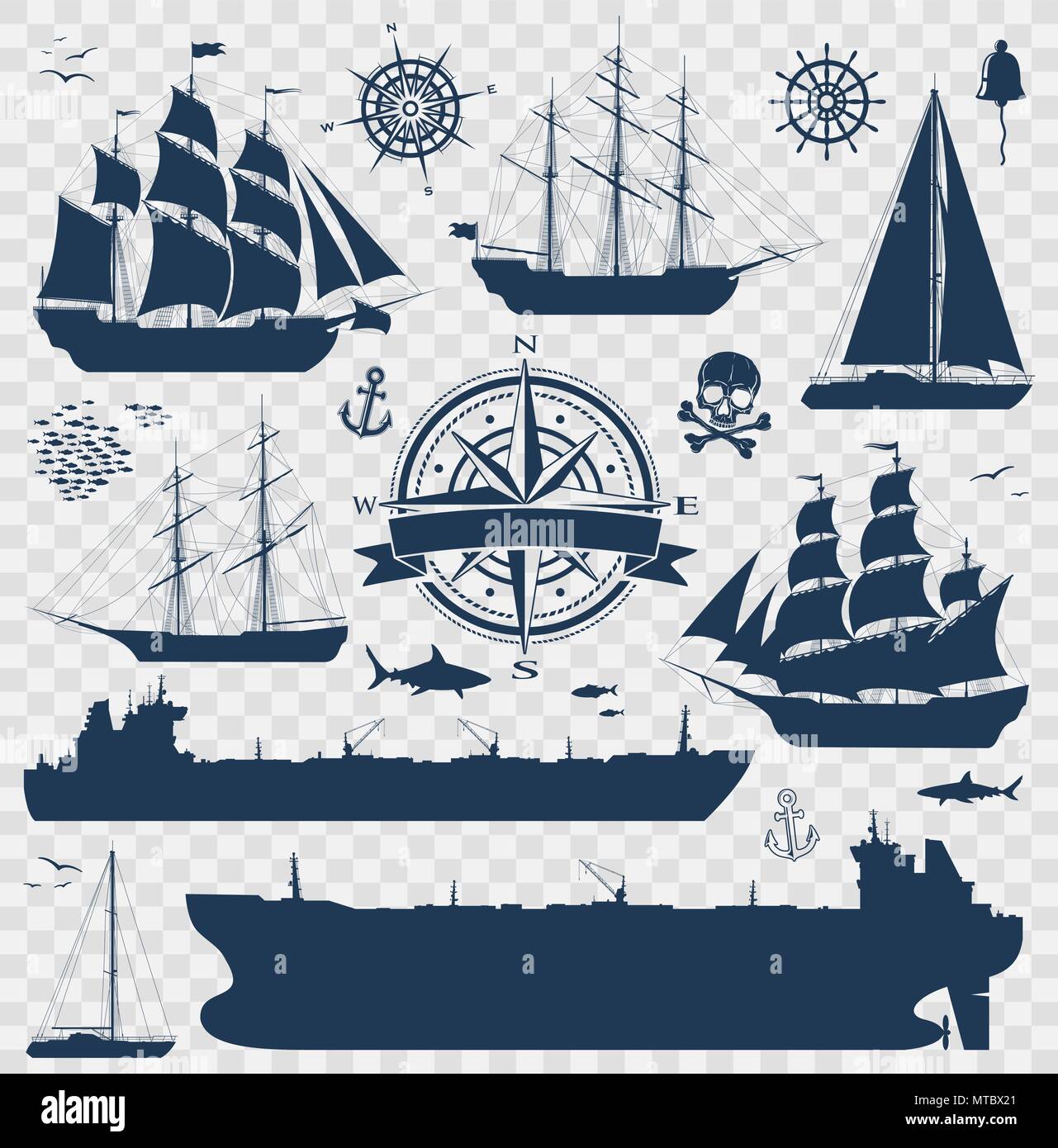 Set di barche a vela e yacht e navi cisterna Illustrazione Vettoriale