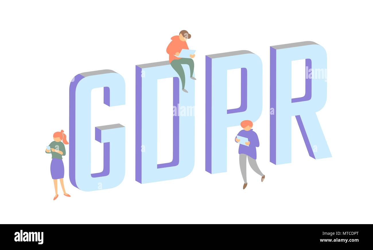 Il PILR diritto persone isometrica concetto. Piccoli uomini grandi lettere flat 3D dati generali proteggere il regolamento di sicurezza. Colori pastello privacy informazioni personali sicurezza illustrazione vettoriale Illustrazione Vettoriale