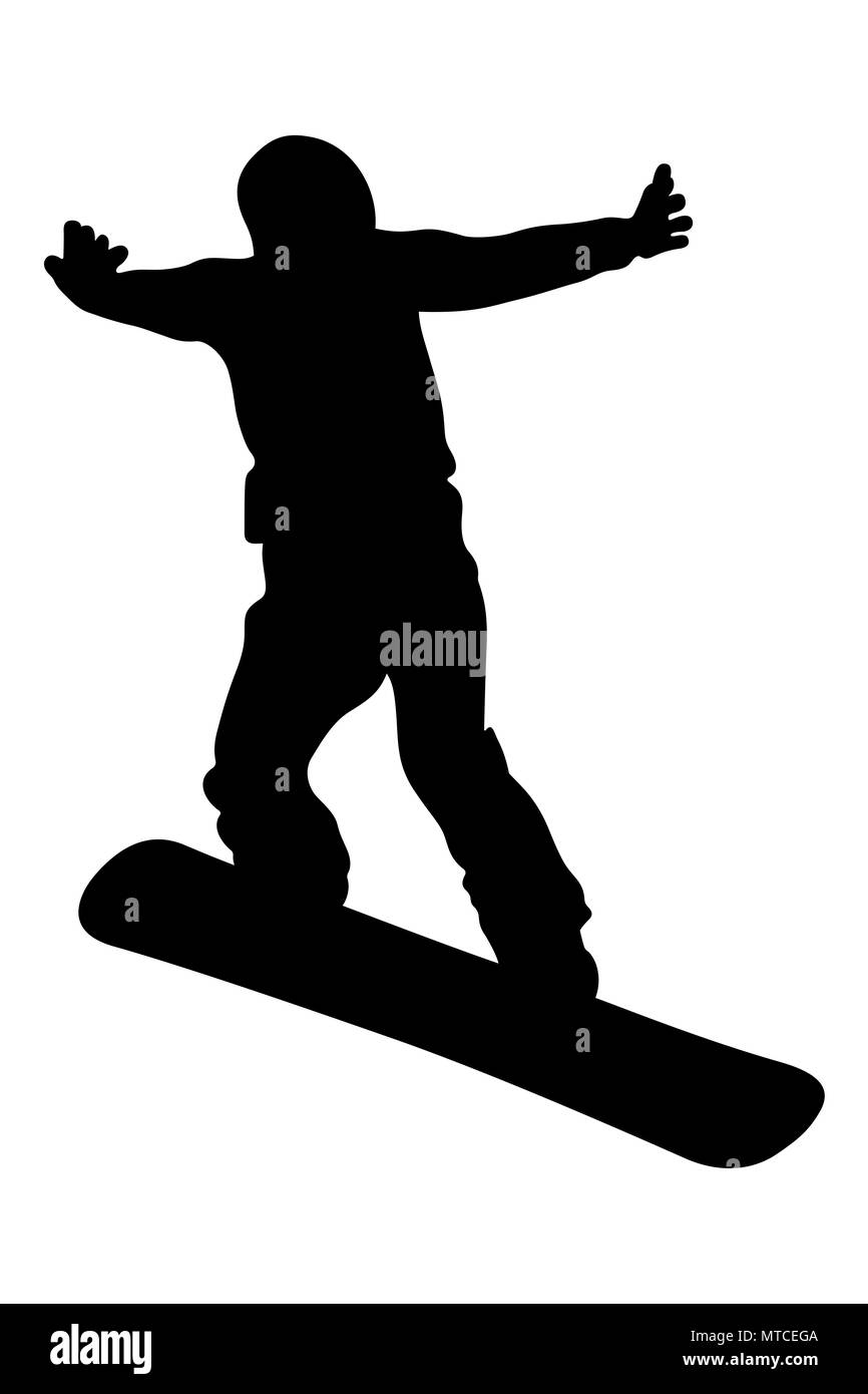 Salto con Snowboard e battenti atleta snowboarder silhouette nera Foto Stock