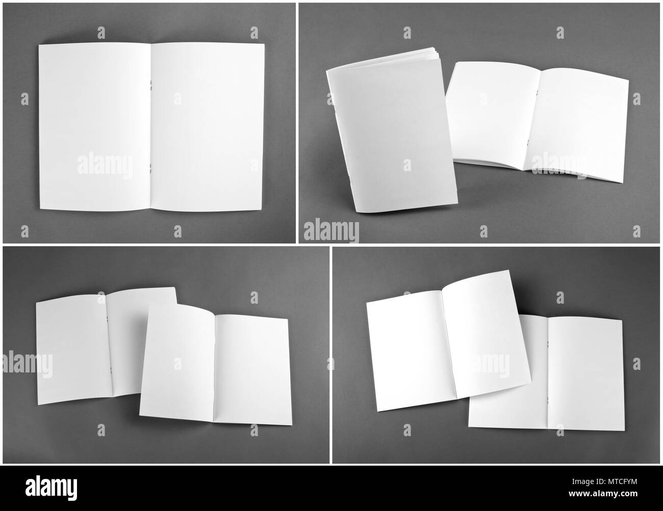 Set di blank magazine, catalogo, brochure, riviste, libro su sfondo grigio. Foto Stock