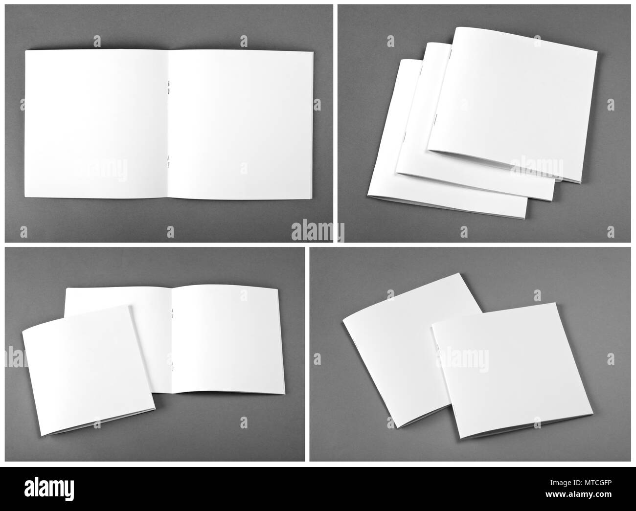 Set di blank magazine, catalogo, brochure, riviste, libro su sfondo grigio Foto Stock