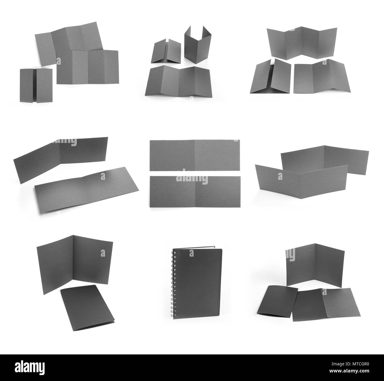 Set di black volantini, opuscoli e blocco note su sfondo bianco. Identity design Foto Stock