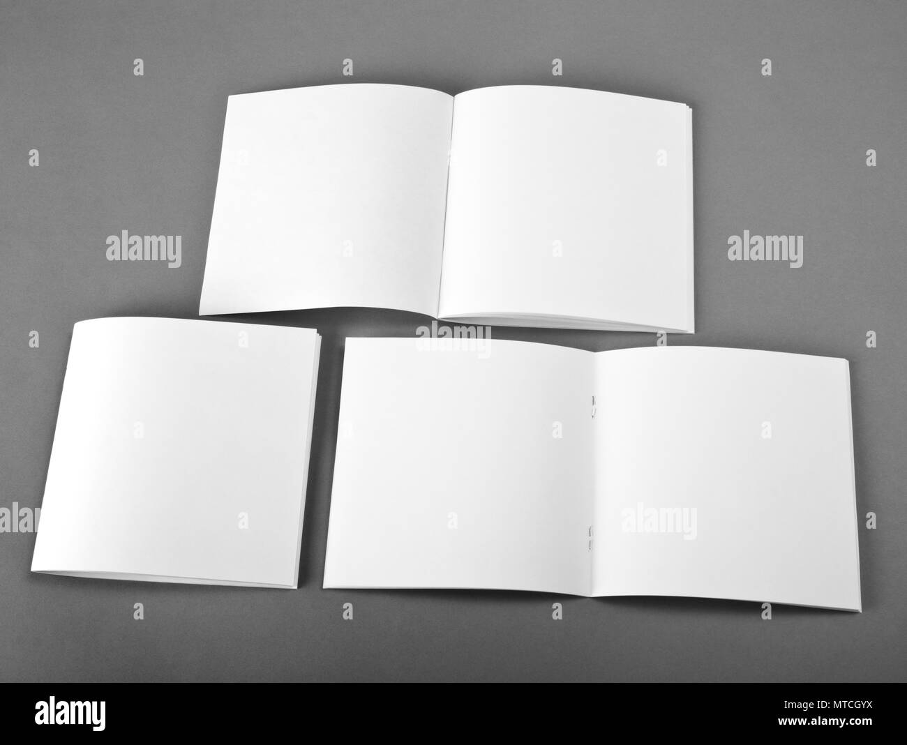 Vuoto rivista aperta isolata su uno sfondo grigio con le ombre morbide Foto Stock