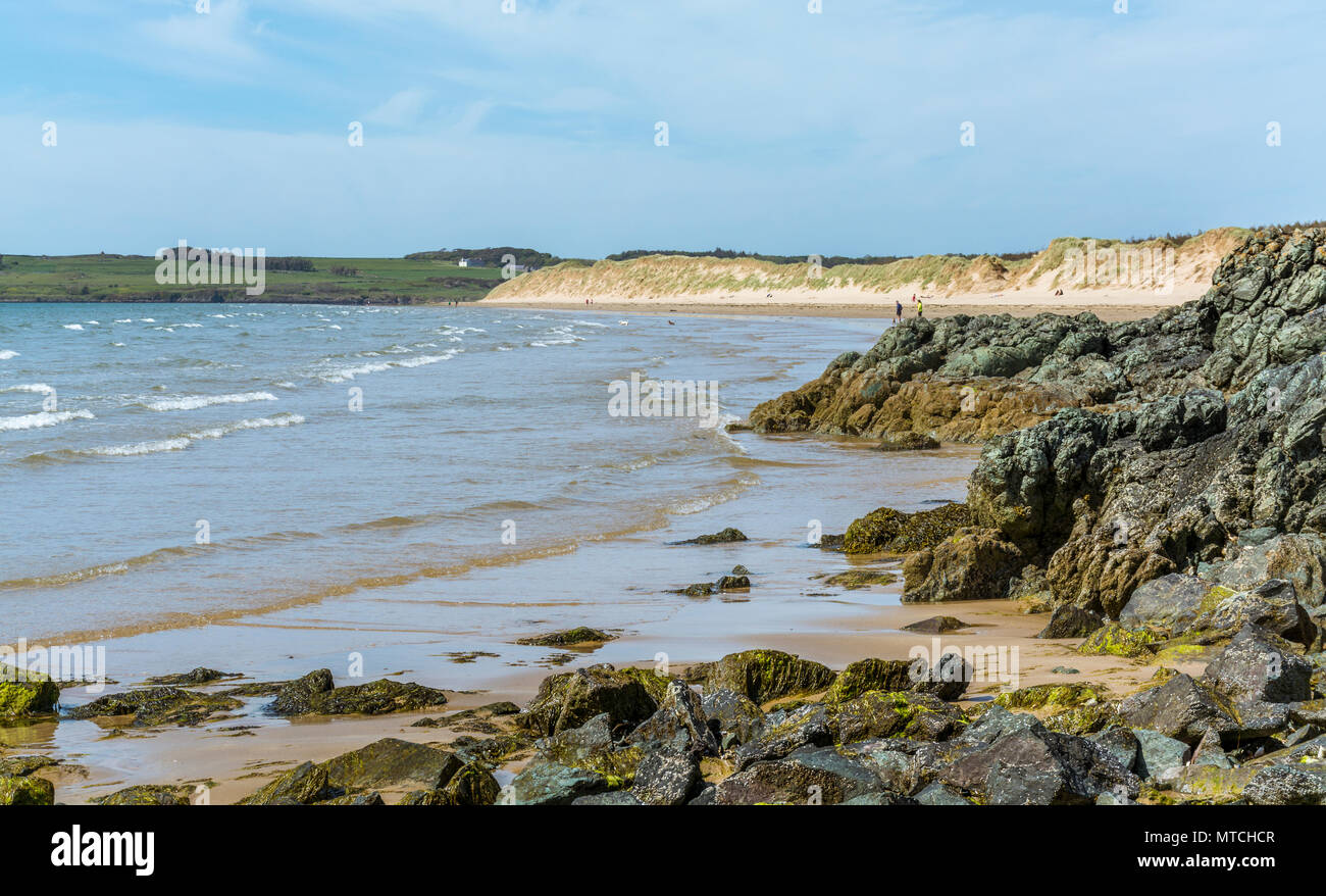 Regno Unito, Anglesey, Newborough. Il 19 maggio 2018. Una vista verso la spiaggia di Newborough e Malltraeth dall isola di Llanddwyn.. Foto Stock