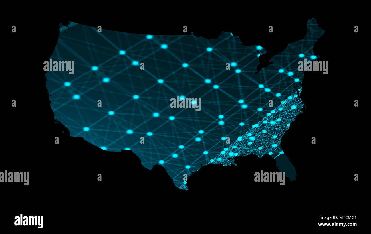 USA mappa con molte connessioni di rete, 3d rendering computer sfondo generato Foto Stock