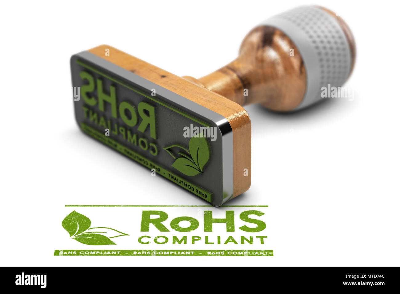3D illustrazione di un timbro di gomma con il testo compatibile RoHS stampigliato su sfondo bianco Foto Stock