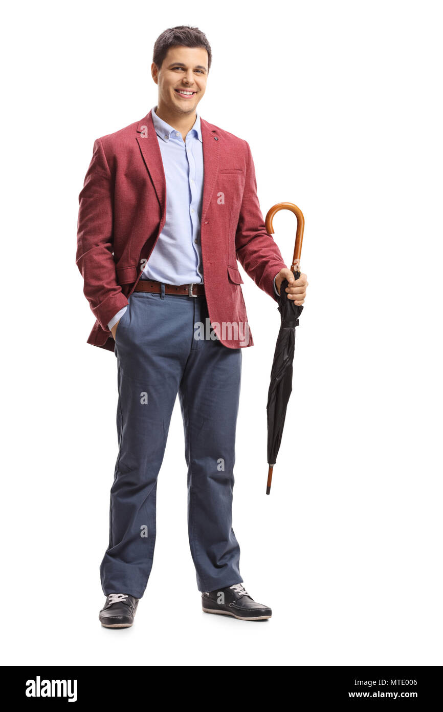 A piena lunghezza Ritratto di un uomo elegante con un ombrello isolati su sfondo bianco Foto Stock