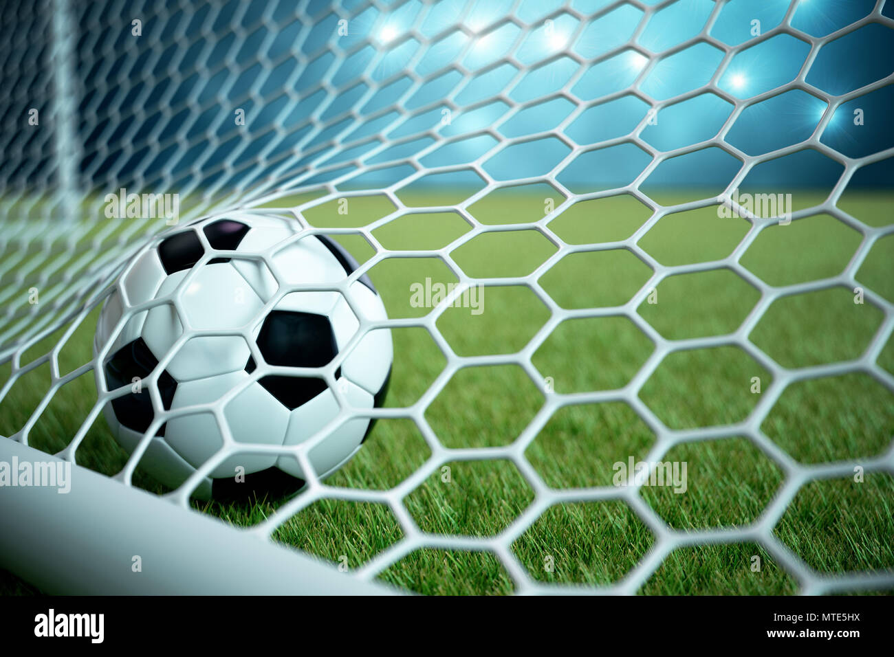 3D rendering pallone da calcio in obiettivo. Pallone da calcio in rete con  Spotlight e stadium sfondo luminoso, concetto di successo. Pallone da calcio  su sfondo blu con Foto stock - Alamy