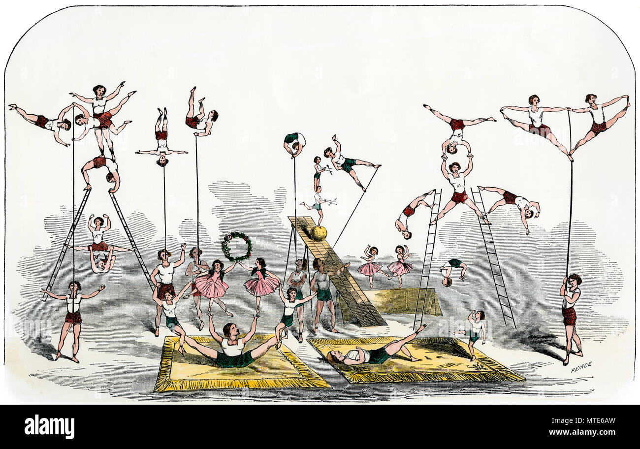 Acrobat prestazioni dell'americana fratelli e Levater famiglia Lee, 1850s. Colorate a mano la xilografia Foto Stock