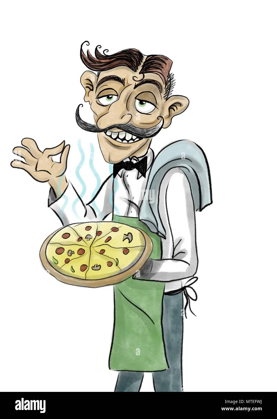 Un cameriere italiano con un baffi che serve una grande salsiccia per pizza pizza illustrazione Foto Stock