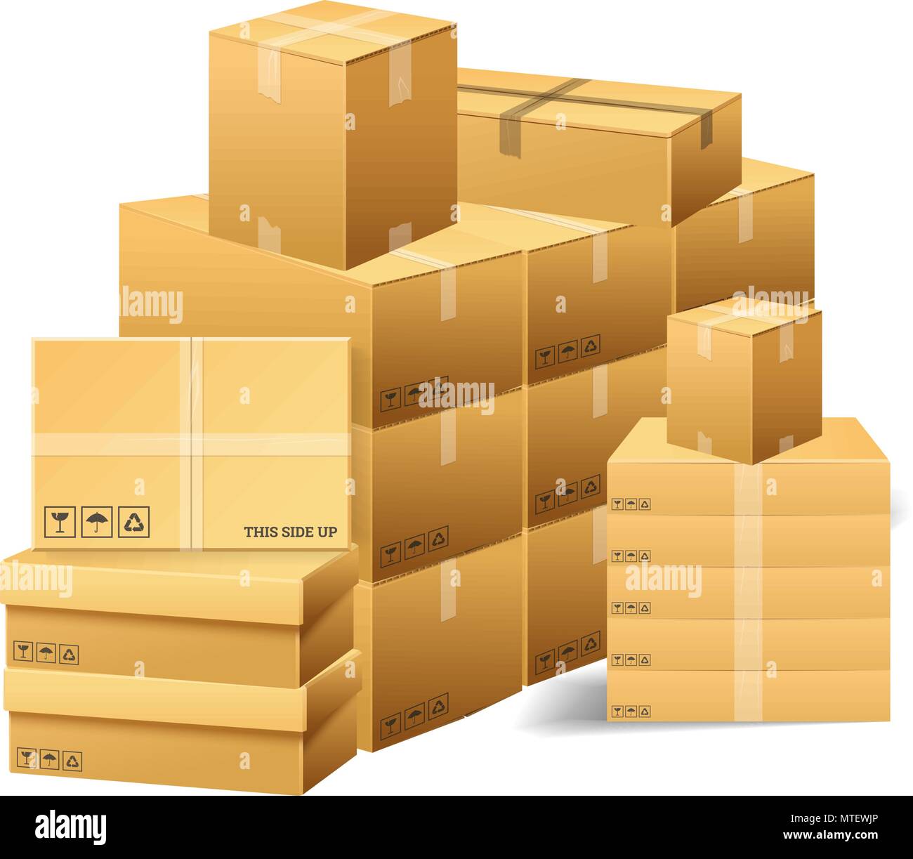 Pila di realistica impilati scatola di cartone. Consegna marrone. Astuccio vuoto, aprire e confezione sigillata con trasparente su sfondo bianco. Organizzato da strato. Contenitore per la spedizione e il trasporto e mail Illustrazione Vettoriale