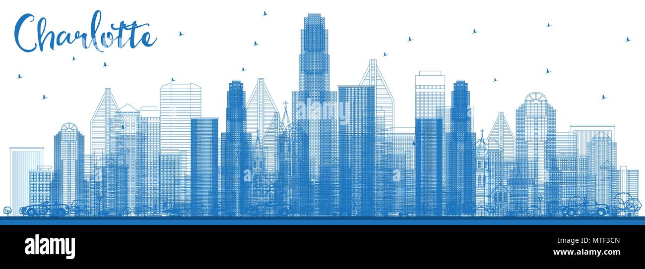 Profilo di Charlotte North Carolina Skyline con edifici blu. Illustrazione Vettoriale. Viaggi di affari e di turismo con il concetto di architettura moderna. Illustrazione Vettoriale