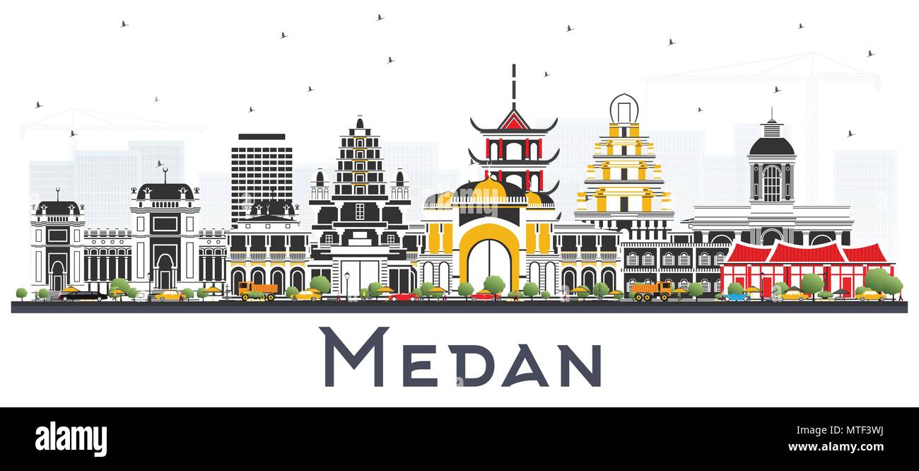 Medan Indonesia skyline della città con edifici di colore isolato su bianco. Illustrazione Vettoriale. Viaggi di affari e turismo Concept Illustrazione Vettoriale