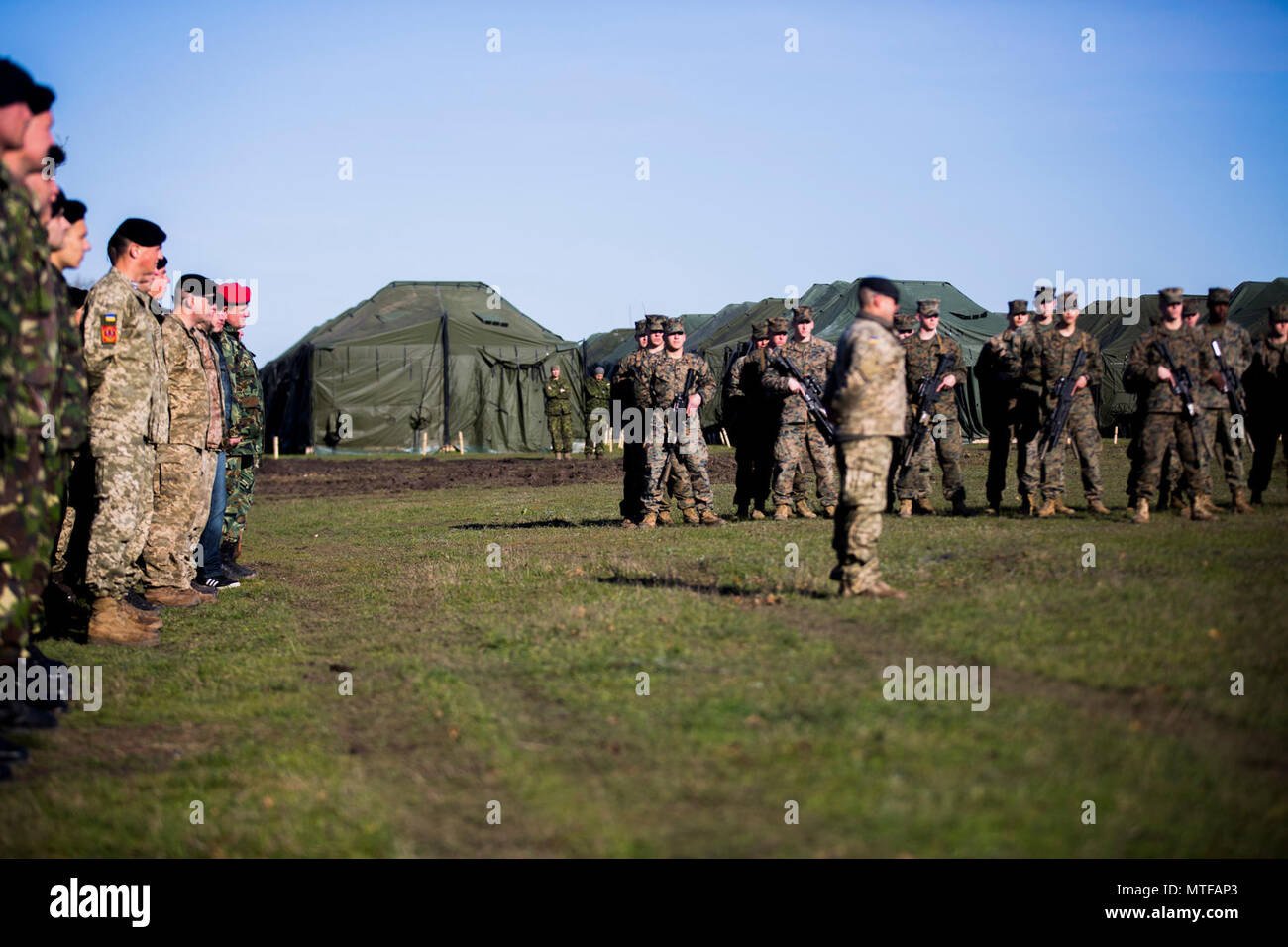 I membri del servizio da quattro diverse nazioni si fermò in formazione durante la cerimonia di apertura dell'esercizio Platinum Eagle 17.2 a Babadag Area Formazione, Romania, 24 aprile. Marines con il Mar Nero La forza di rotazione 17.2 addestrato a fianco degli alleati della NATO durante l'esercizio multilaterale. Partnership comprovate sono costruite su valori condivisi e di esperienze e visione. Foto Stock