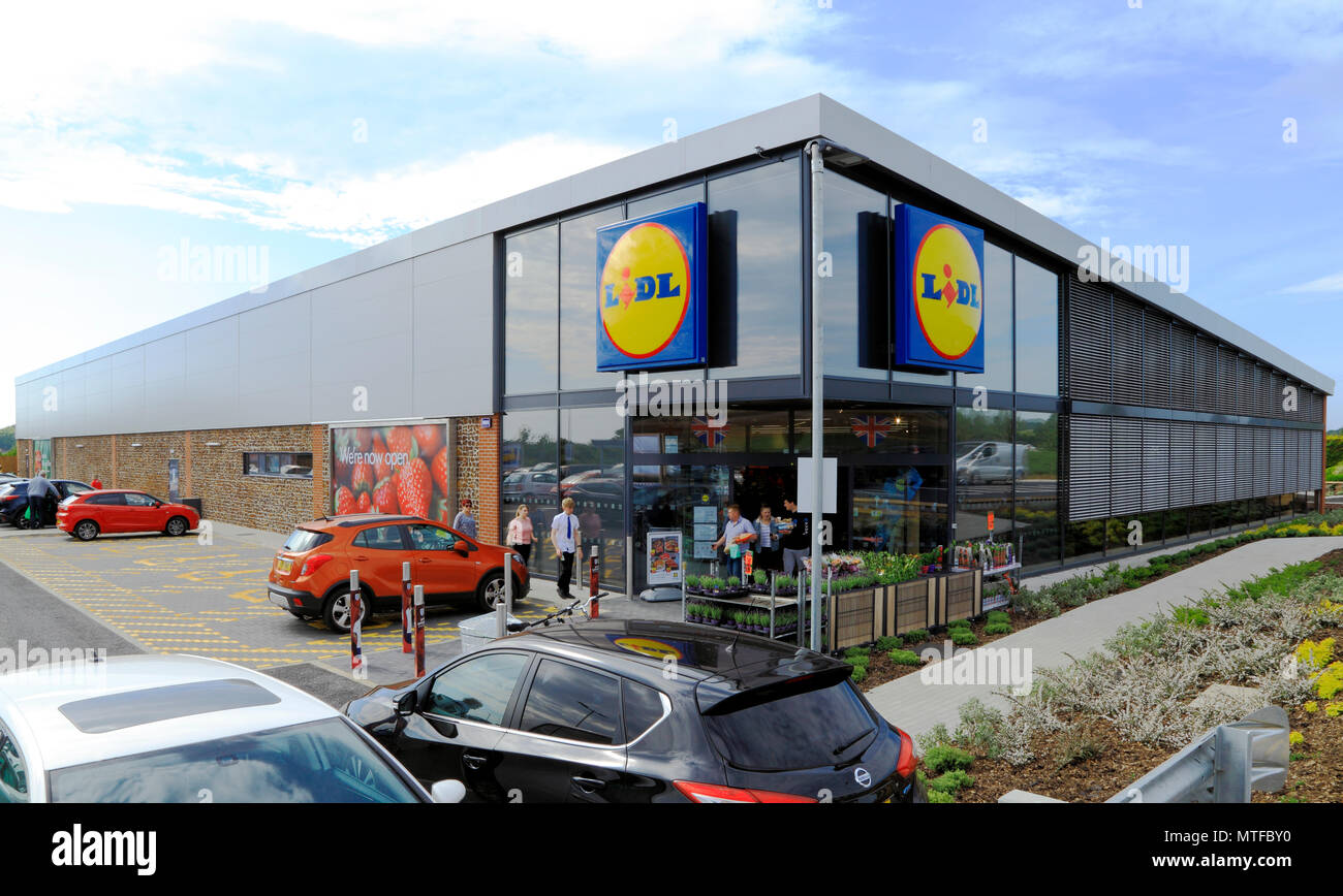 Supermercato Lidl, Heacham, Norfolk, Regno Unito, aperto, Maggio 2018 Foto Stock