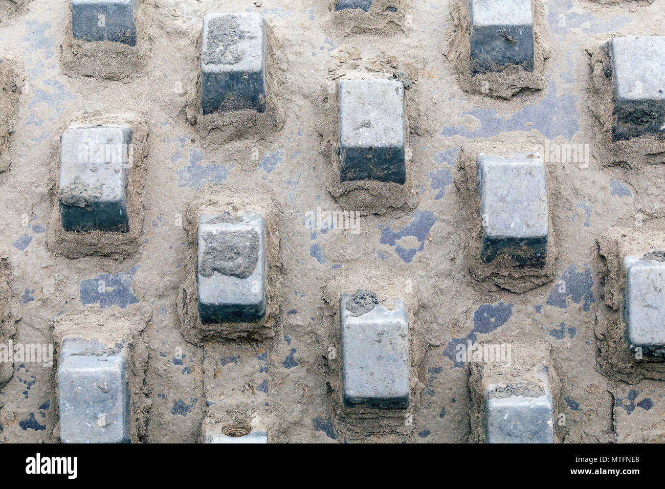 Sheepsfoot tamburo di acciaio sfondo compattatore. Rullo di padfoot sfondo. Foto Stock