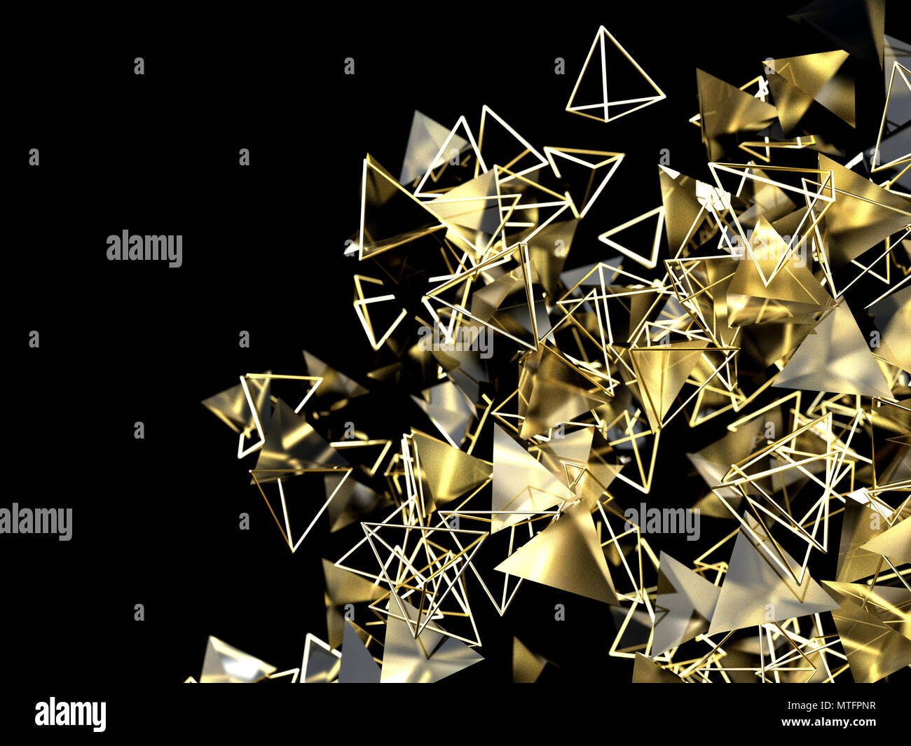 Sfondo astratto di forma triangolare piramidale e particelle di oro Foto Stock