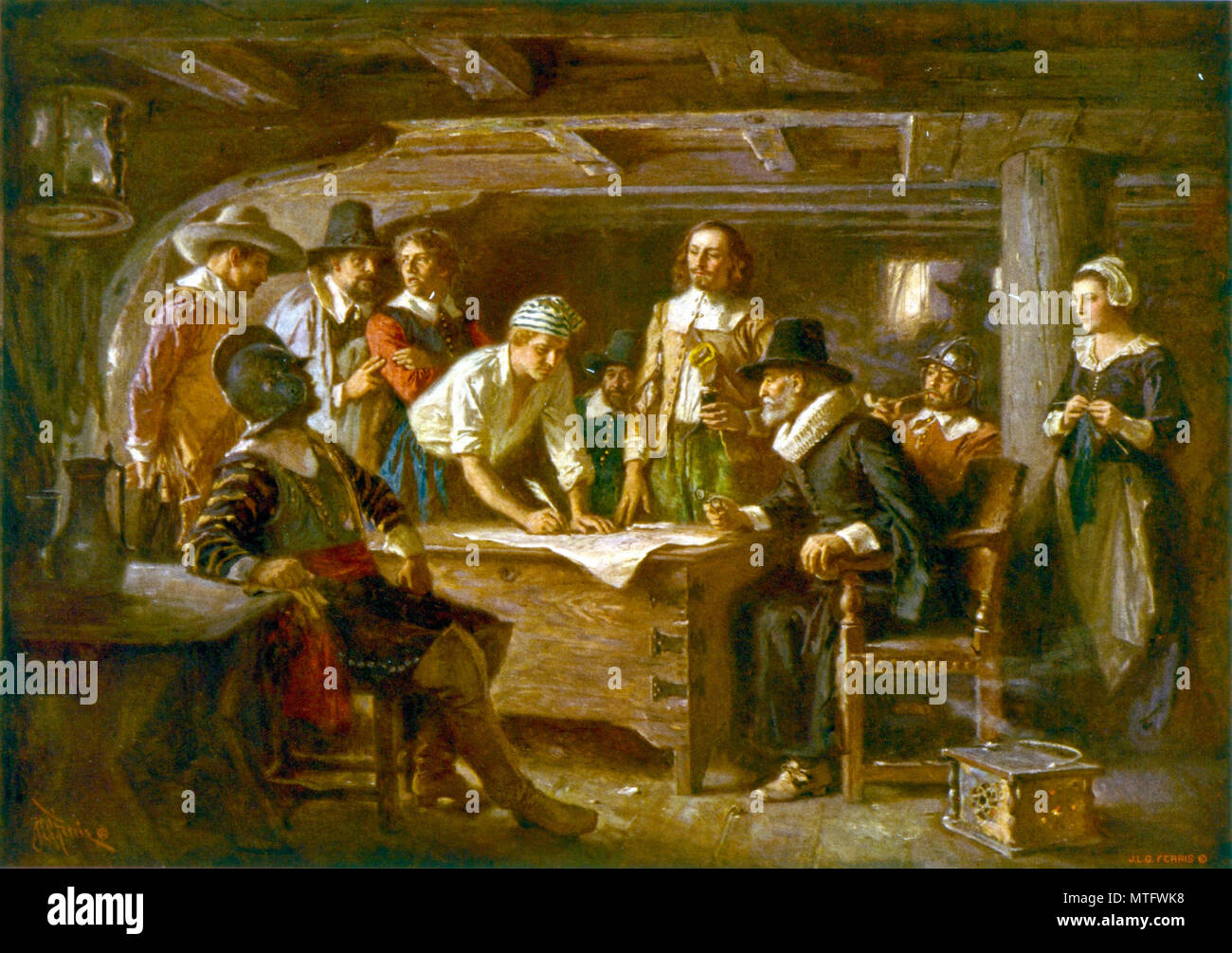 Firma del Mayflower Compact 1620, un dipinto di Jean Leon Gerome Ferris Foto Stock