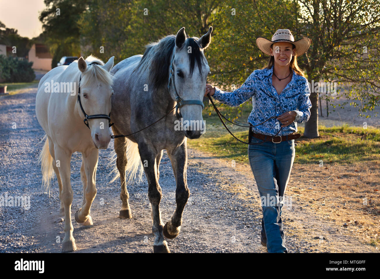 Katja Smith passeggiate a cavallo bianco e Lucitano a Granitas de Animas Ranch - San Miguel De Allende, Messico Foto Stock